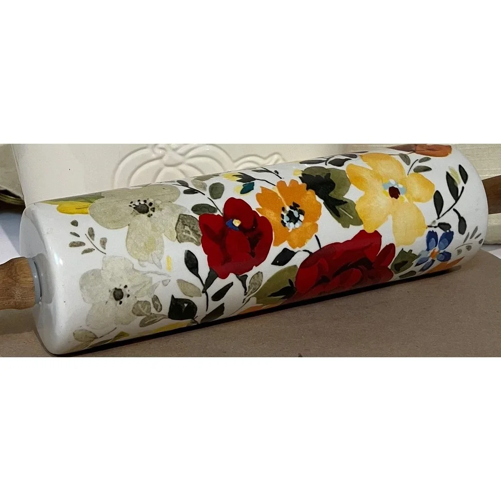 Pioneer Woman RETIRED ceramic Rolling Pin Fall Flowers Autumn Harvest Floral